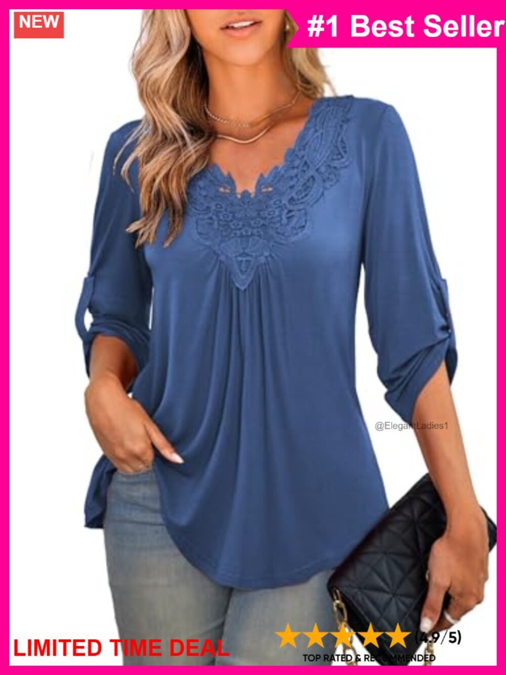 Plus Size Tunic Top 3/4 Roll Sleeve Lace Crochet V Neck Blouse